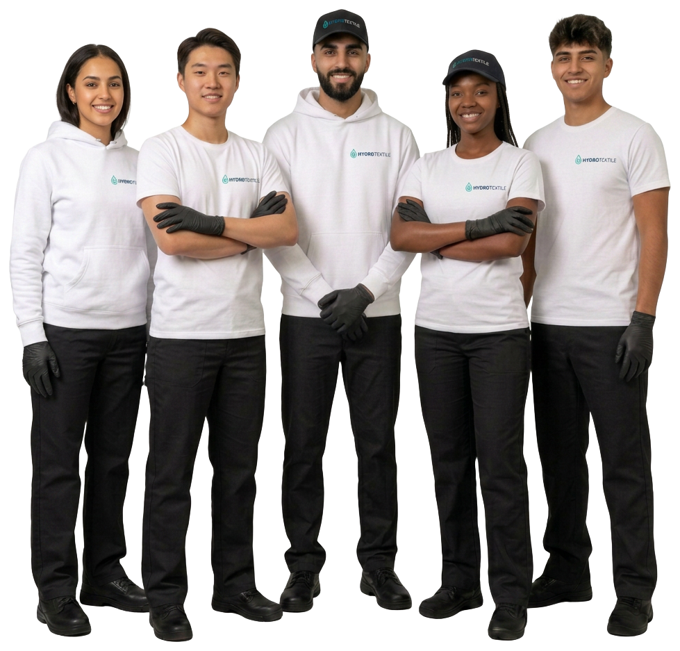 L'équipe HYDROTEXTILE en t-shirts et sweats blancs floqués du logo
