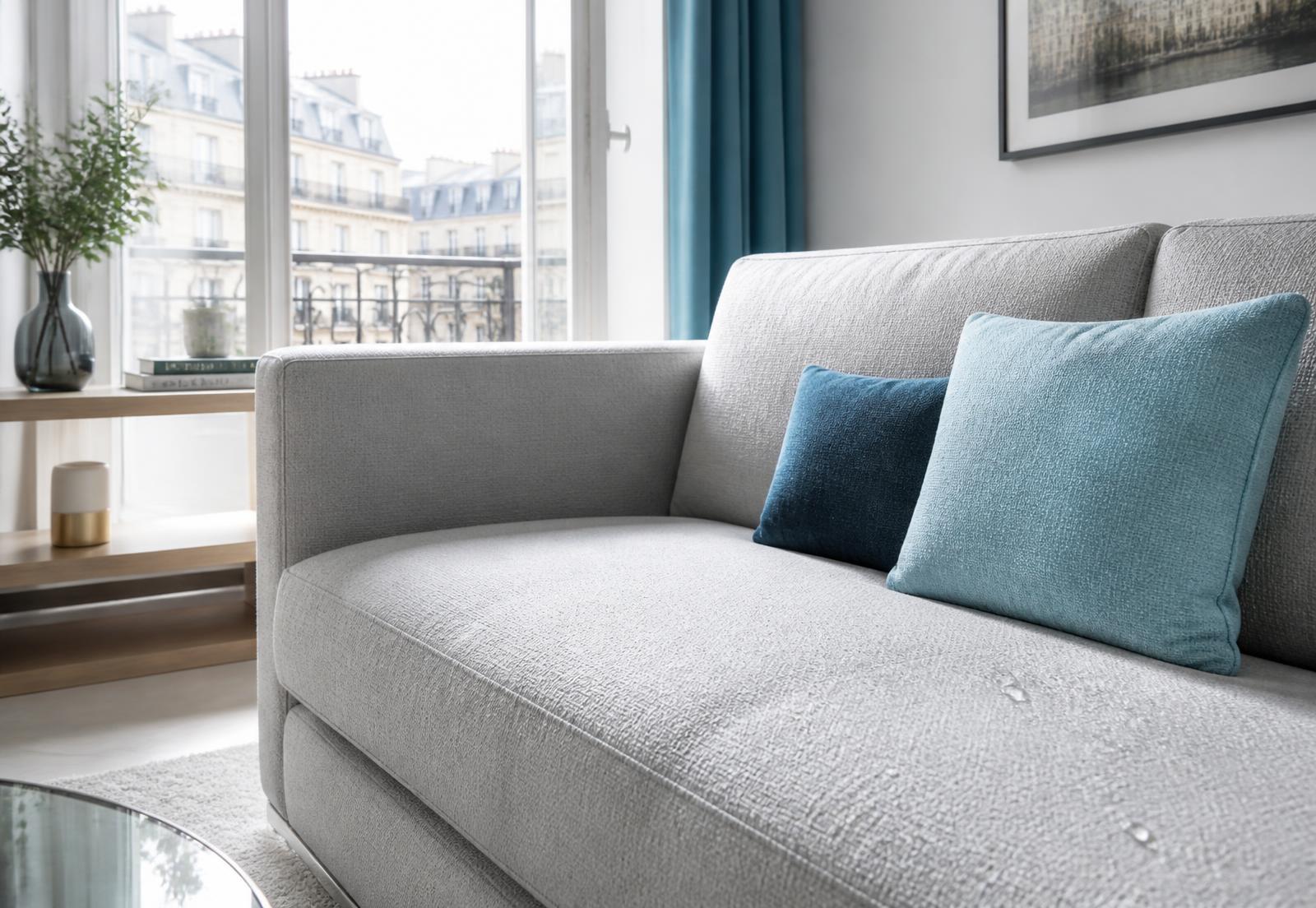 Canapé en tissu gris impeccable après nettoyage à Paris